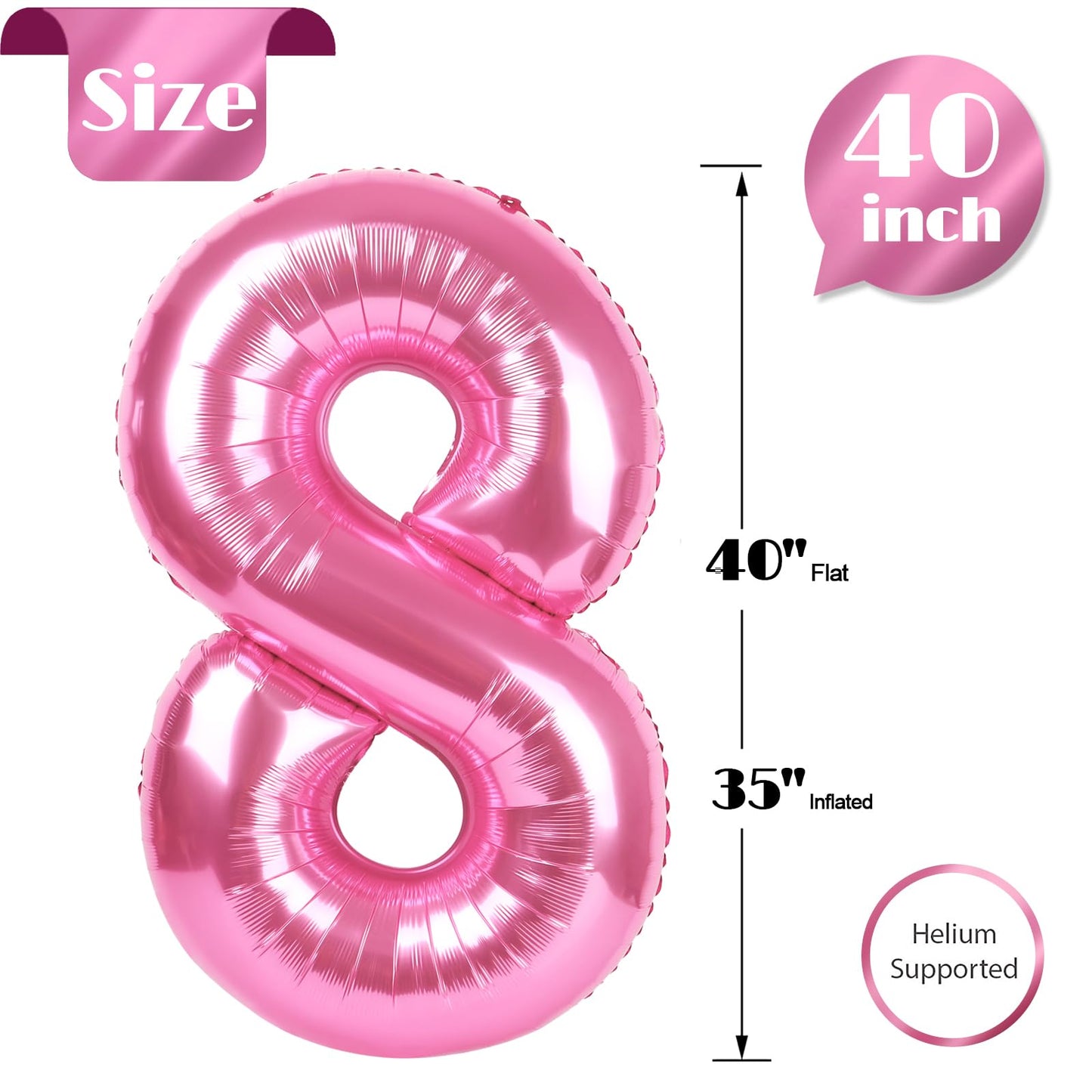 Pink Number 8 Balloon 40 Inch, 8 Balloon Number, 8Th Birthday Decorations, Pink Party Supplies For Boys Girls