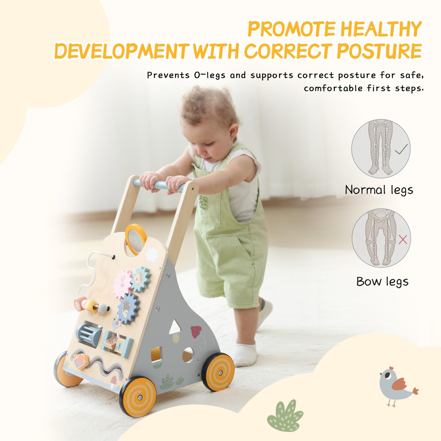 Wooden Baby Walker And Push Toy - Adjustable Height, Montessori Learning Activity Center For Boys And Girls, Toddler Push Walker