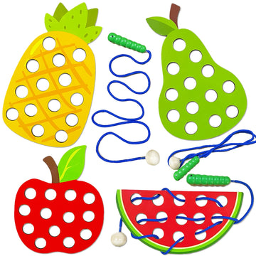 4 Pack Wooden Lacing Toy,Educational Threading Activity Puzzles,Learning Fine Motor Skill Travel Toy,Wooden Fruit Threading Set For Toddlers Kids 3 4 5 Year 1 Apple,1 Watermelon,1 Pineapple,1 Pear