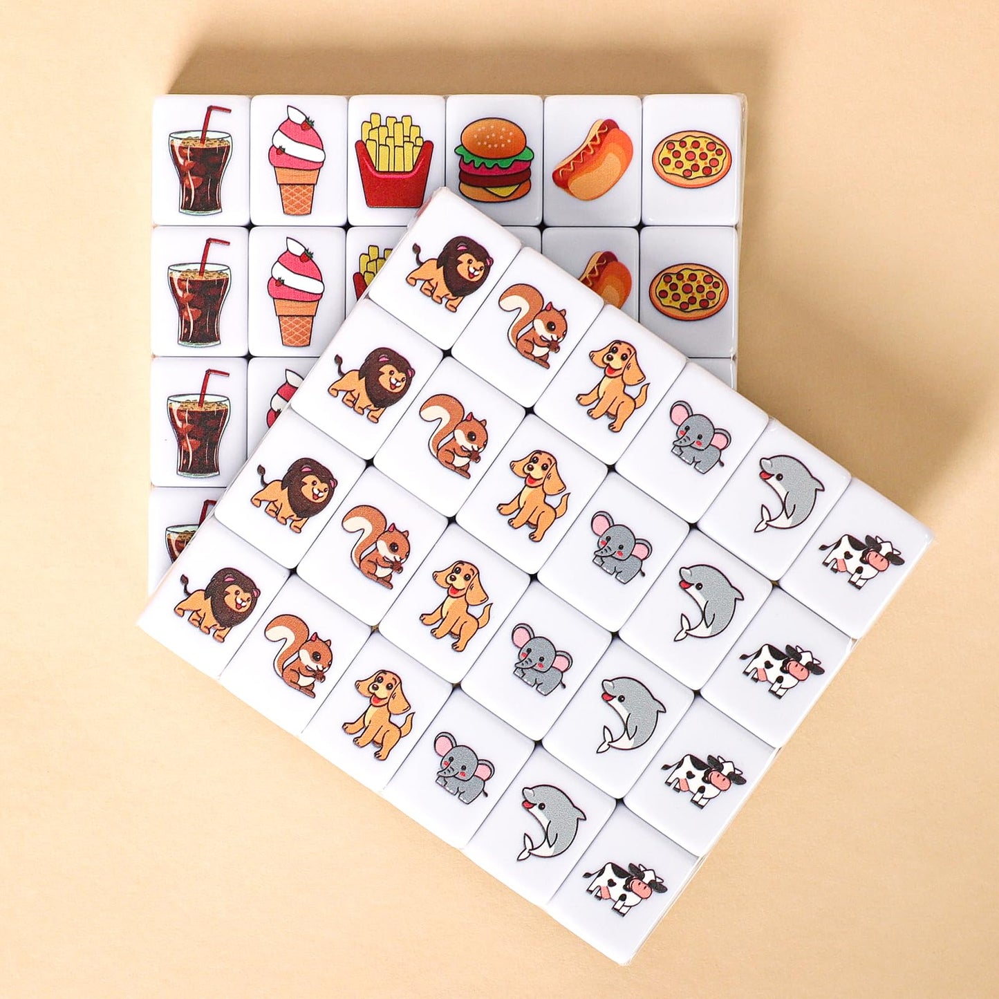 GRACIAS 2 Player Mahjong Block Set - 50 Premium Pink Tiles (30mm) with Animal & Food Patterns, Portable with Carry Bag