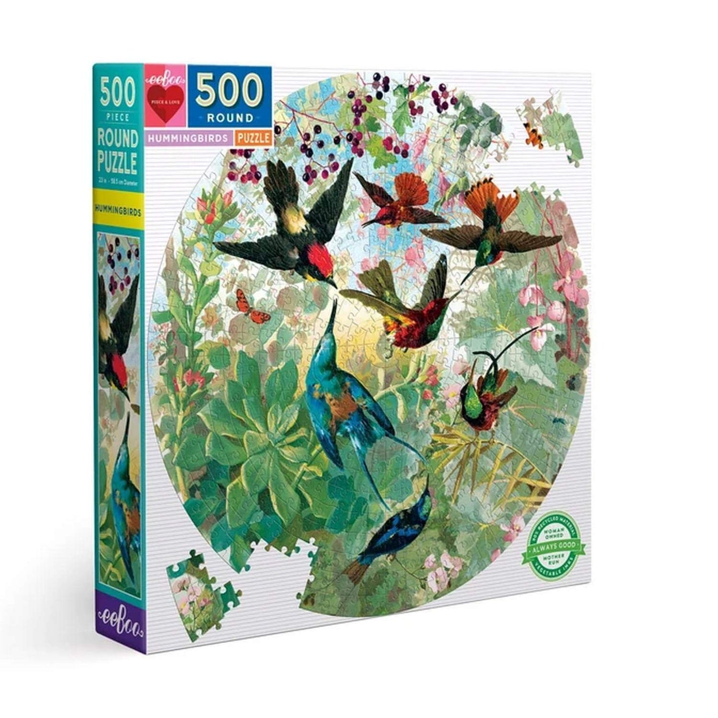Eeboo: Piece And Love Hummingbirds 500 Piece Round Circle Jigsaw Puzzle, Puzzle For Adults And Families, Glossy, Sturdy Pieces And Minimal Puzzle Dust