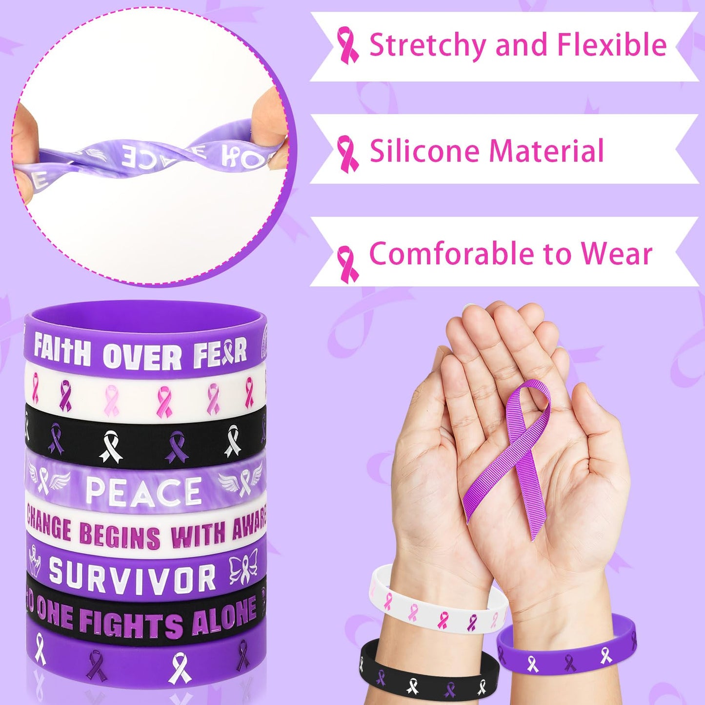 Junebrushs 42Pcs Purple Ribbon Awareness Accessories Silicone Bracelets Hope Faith Courage Wristbands For Lupus Domestic Violence Epilepsy Pancreatic Cancer Alzheimers Awareness Party Supplies