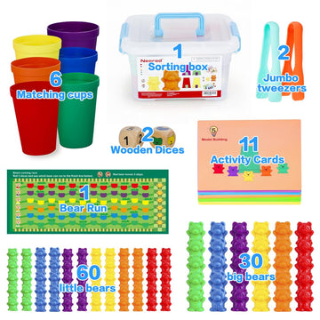 NEOROD Rainbow Counting Bears Set - 90 Pieces, Multicolor, Plastic STEM Educational Toy for Toddler Preschool Math with Cups, Tweezers, Dices, Cards