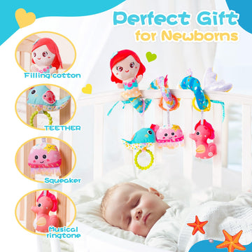 Koty Carseat Toys Hanging, Blue Mermaid Stroller Toys For Babies 0-6 Months, Baby Car Seat Toy With Crinkle, Teether, Music Box,