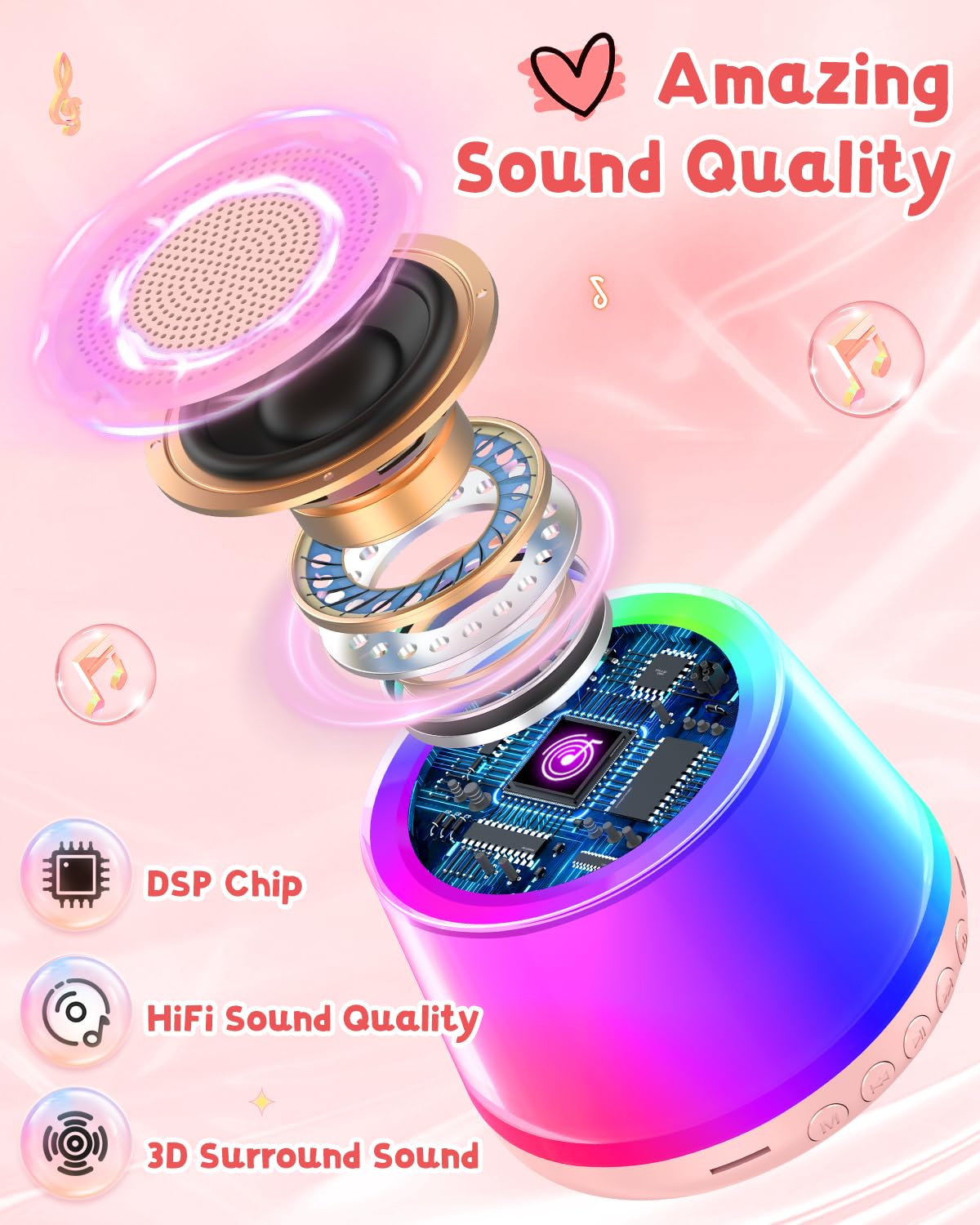 Mini Karaoke Machine For Kids, Portable Bluetooth Speaker With 2 Wireless Microphones And Led Light, Birthday Gifts For 4 5 6 7