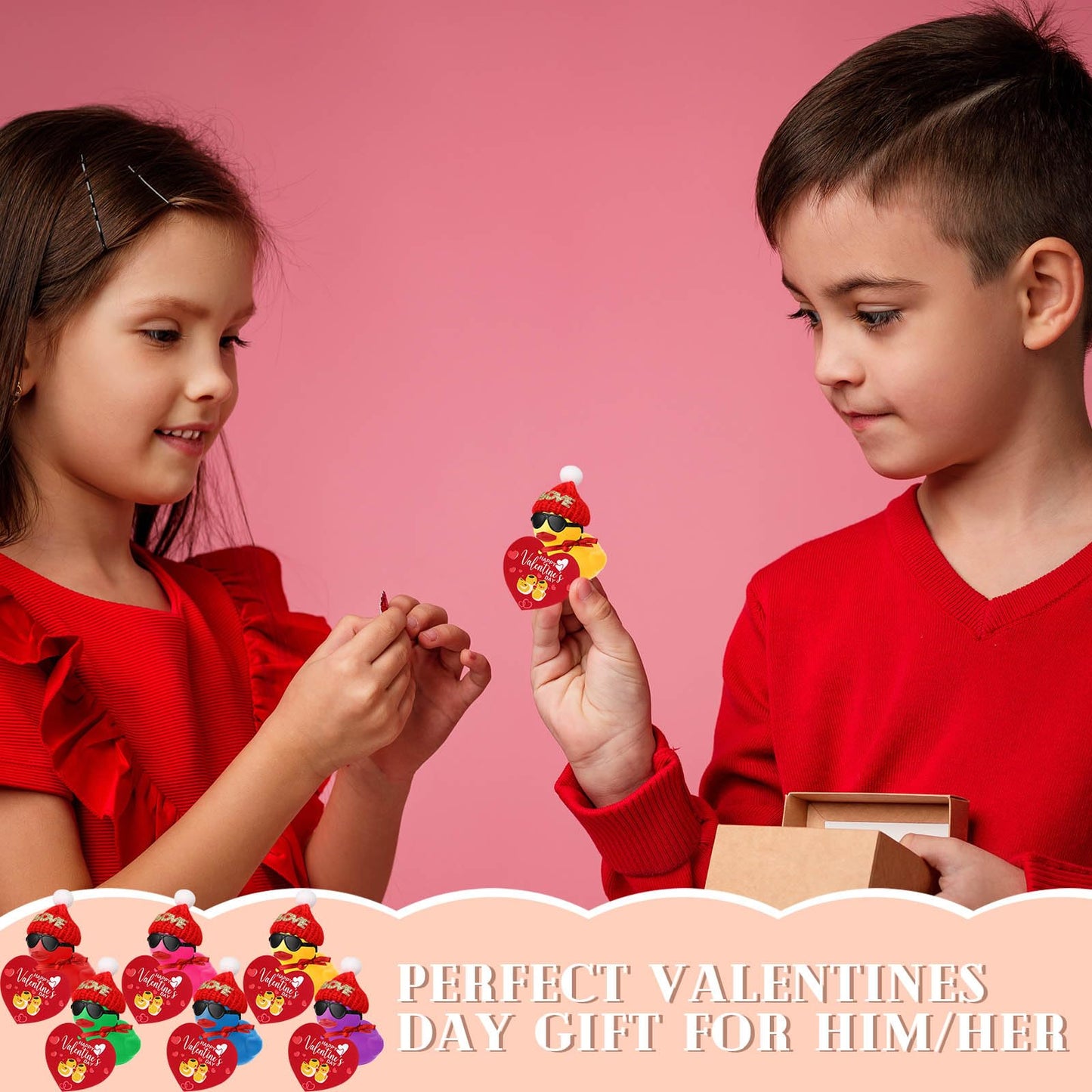 Chivao 48 Pcs Valentine'S Day Mini Rubber Ducks With 48 Valentine'S Day Cards 48 Sunglasses 48 Hats, Party Favors Holiday Mini T