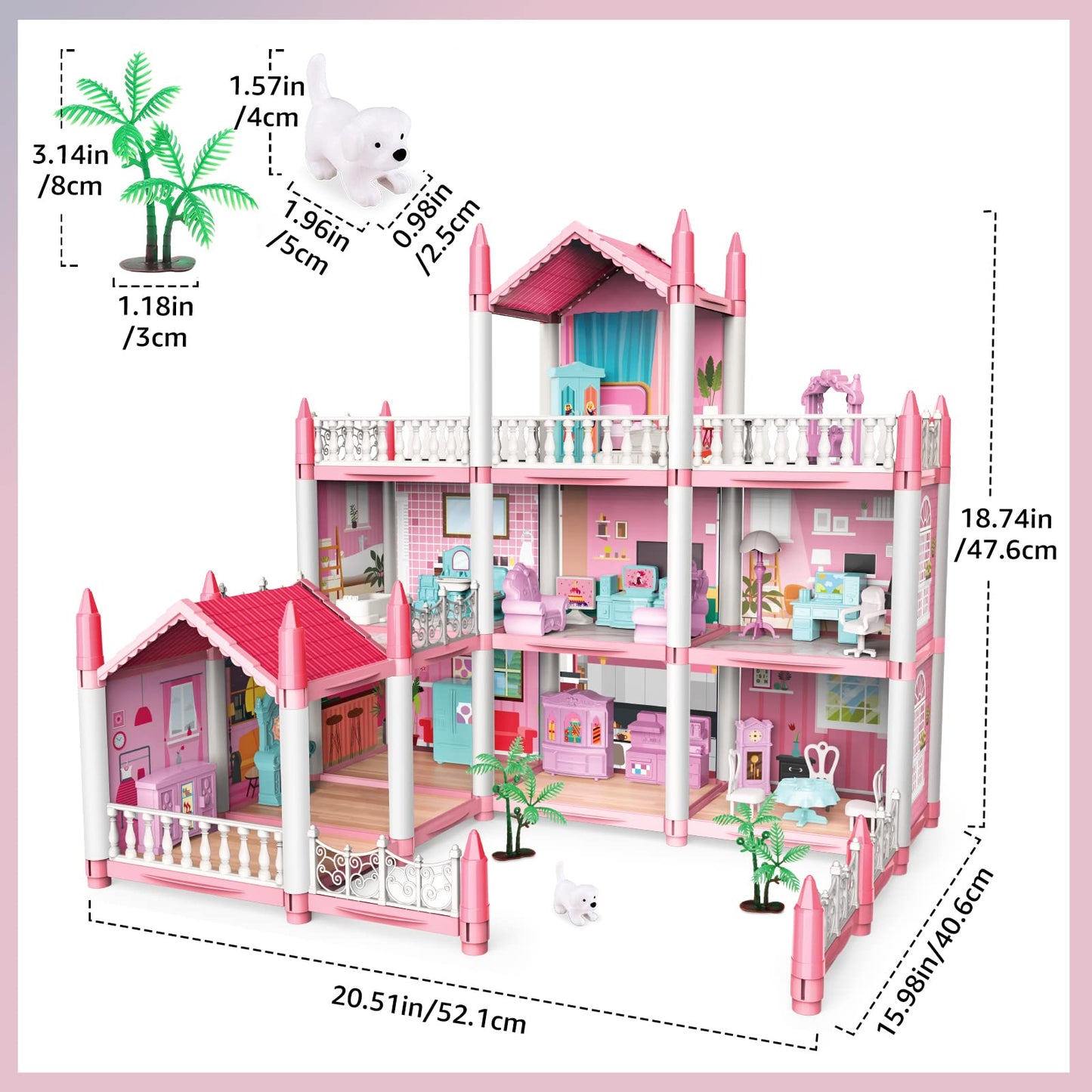 deAO Doll House Dollhouse - 3 Story 9 Rooms Pink DIY Pretend Play Building Playset, Dollhouse Asseccories and Furniture,Gift for
