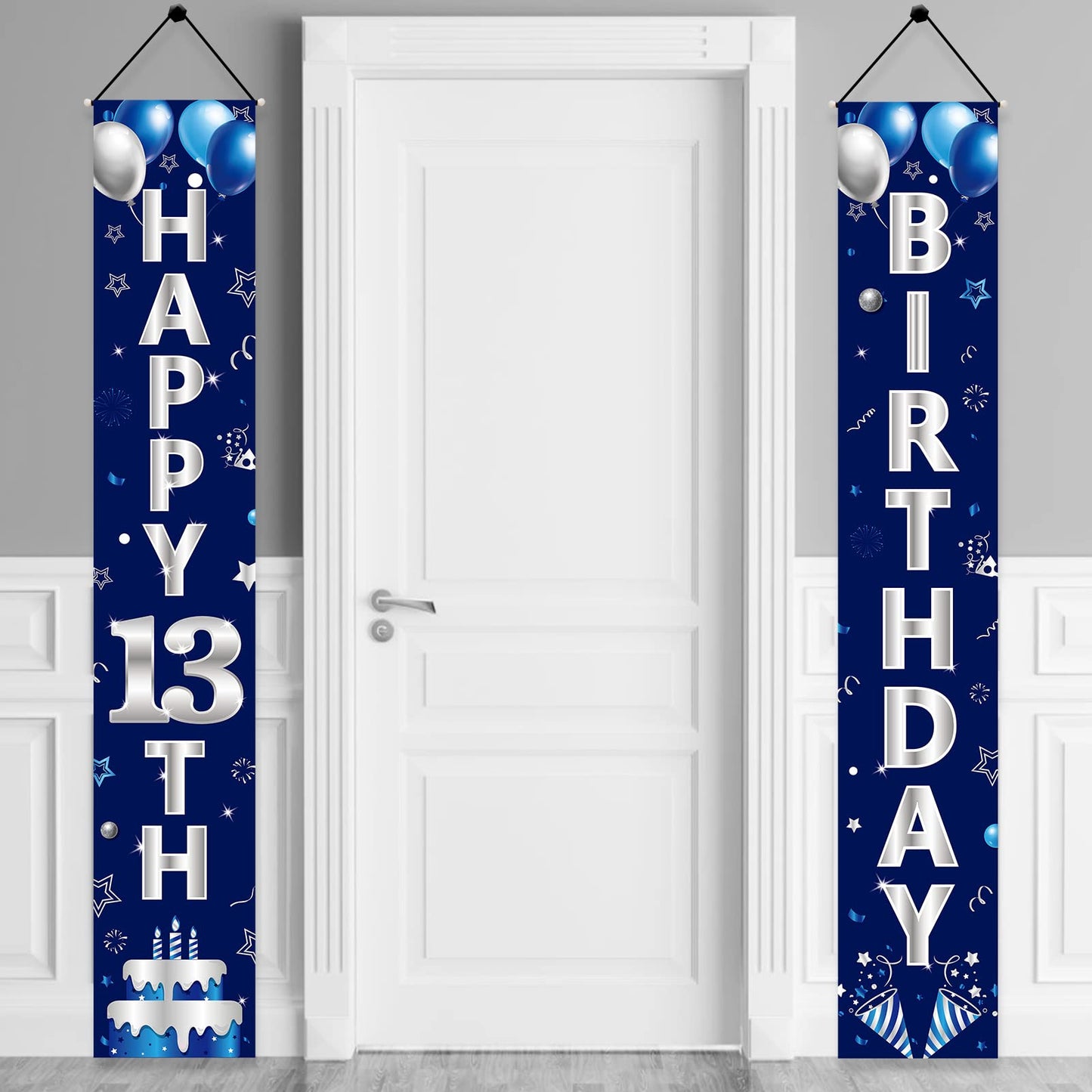 Turypaty Blue Silver 13Th Birthday Door Banner Decorations, Happy 13 Birthday Party Porch Banner For Boys, Sweet 13 Year Old Bir