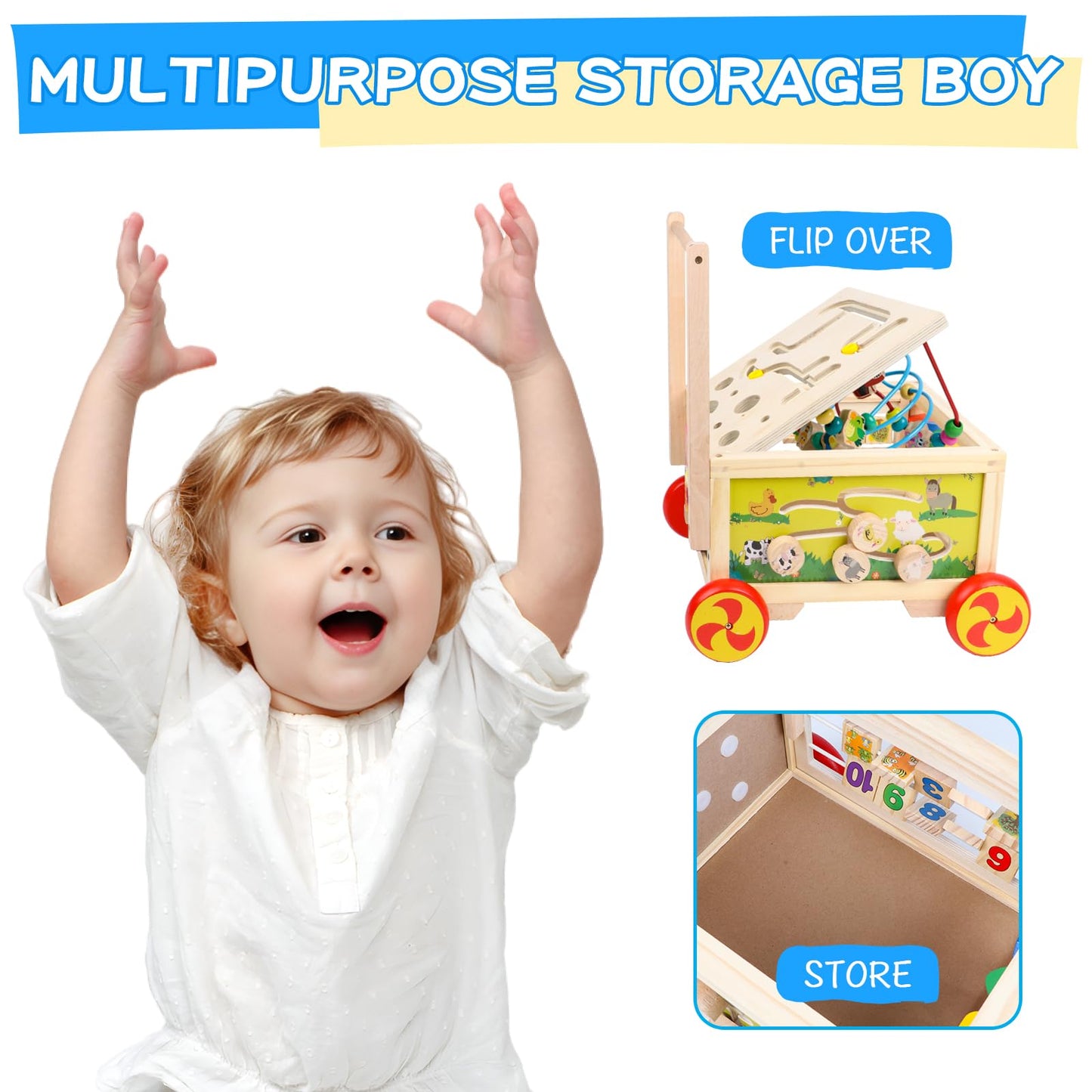 Wooden Activity Cube 7-In-1 Montessori Toy Multipurpose Educational Learning Toy For 1+ Year Old Baby Toddler Kid Boy First Birthday Gift Bead Maze Gear Number Animal Board Carrots Harvest Game
