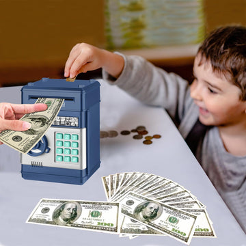 Renvdsa Cartoon Electronic Atm Password Piggy Bank Cash Coin Can Auto Scroll Paper Money Saving Box Gift For Kids (Navy Blue)