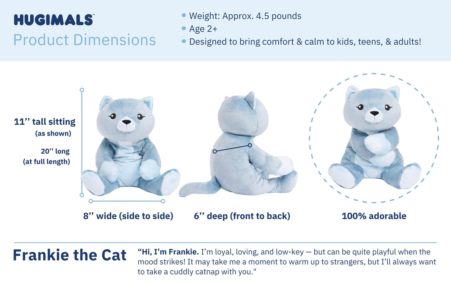 Hugimals Frankie The Cat 4.5 Lb Heavy Cute Weighted Comfort Plush Large Unscented Self Care Stuffed Animal For All Ages - Kids, Teens And Adults