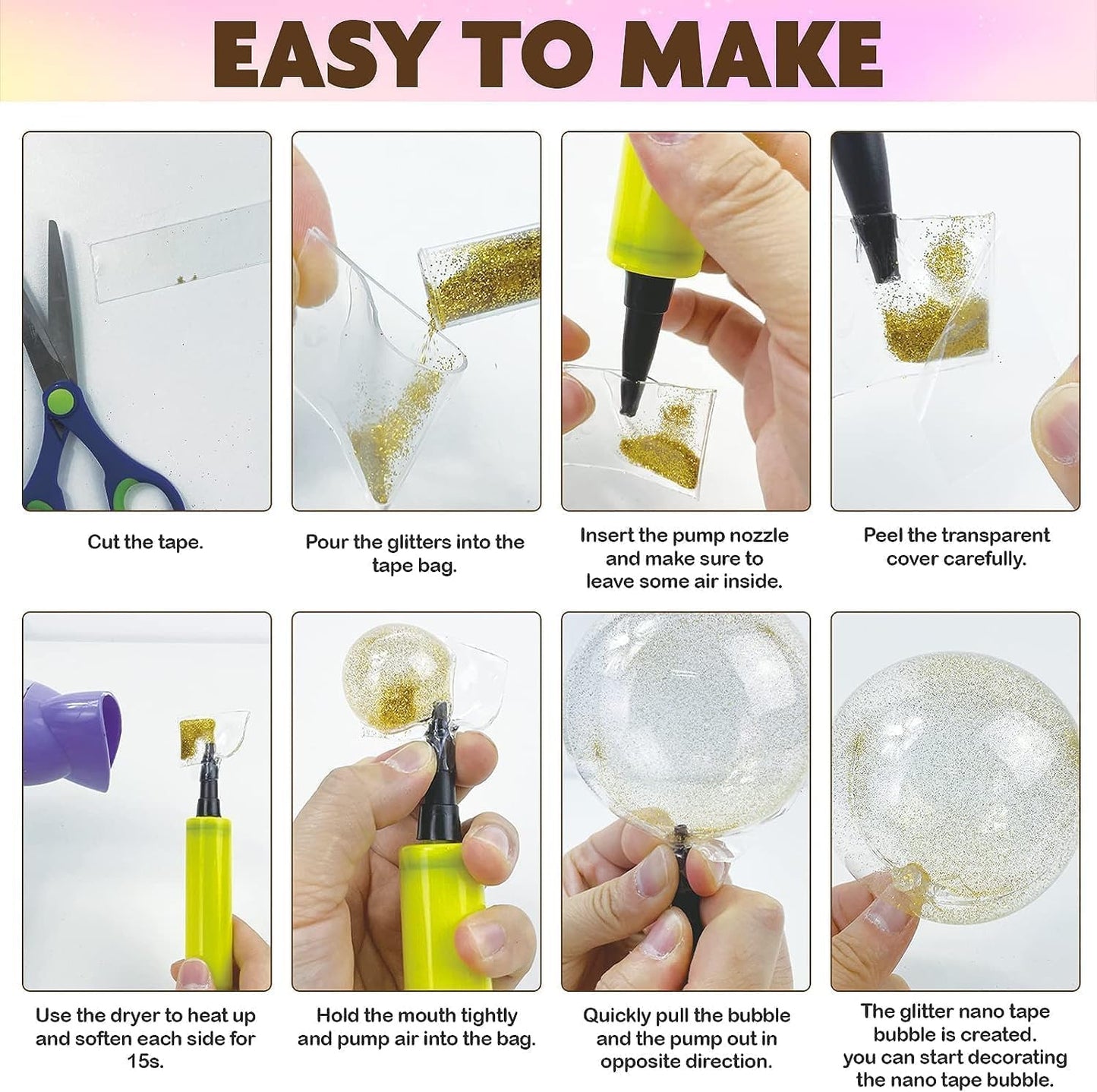 Toyunited Nano Tape Bubble Kit - Water Balloon Version With 9.8Ft Double Sided Tape & Syringe Toy, Craft Kit For Kids 4-8, Girls