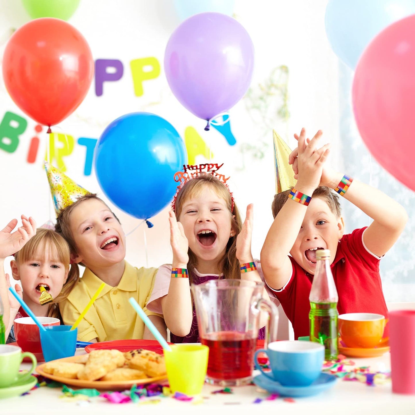 Civaner 24 Pieces Color Brick Party Slap Bracelet Colorful Building Blocks Pattern Slap Bracelets for Building Blocks Party Favo