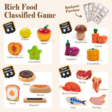 Toyssa Wooden Play Food Sets for Kids Kitchen, Play Toy Foods for Toddlers with Realistic Colors & Play Money, Pretend Play Kitc