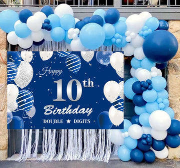 10Th Birthday Backdrop Banner, Double Digits 10Th Birthday Photography Background Blue Silver, Happy 10Th Birthday Decoration Fo