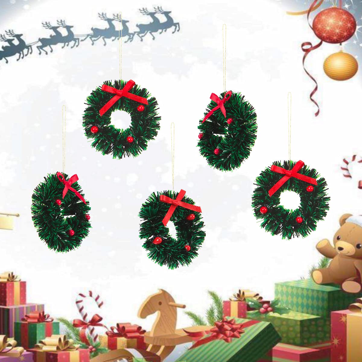 10 Pieces Mini Artificial Christmas Wreaths Ornaments, Dollhouse Miniature Christmas Wreath Doll House Mini Xmas Wreath for Doll