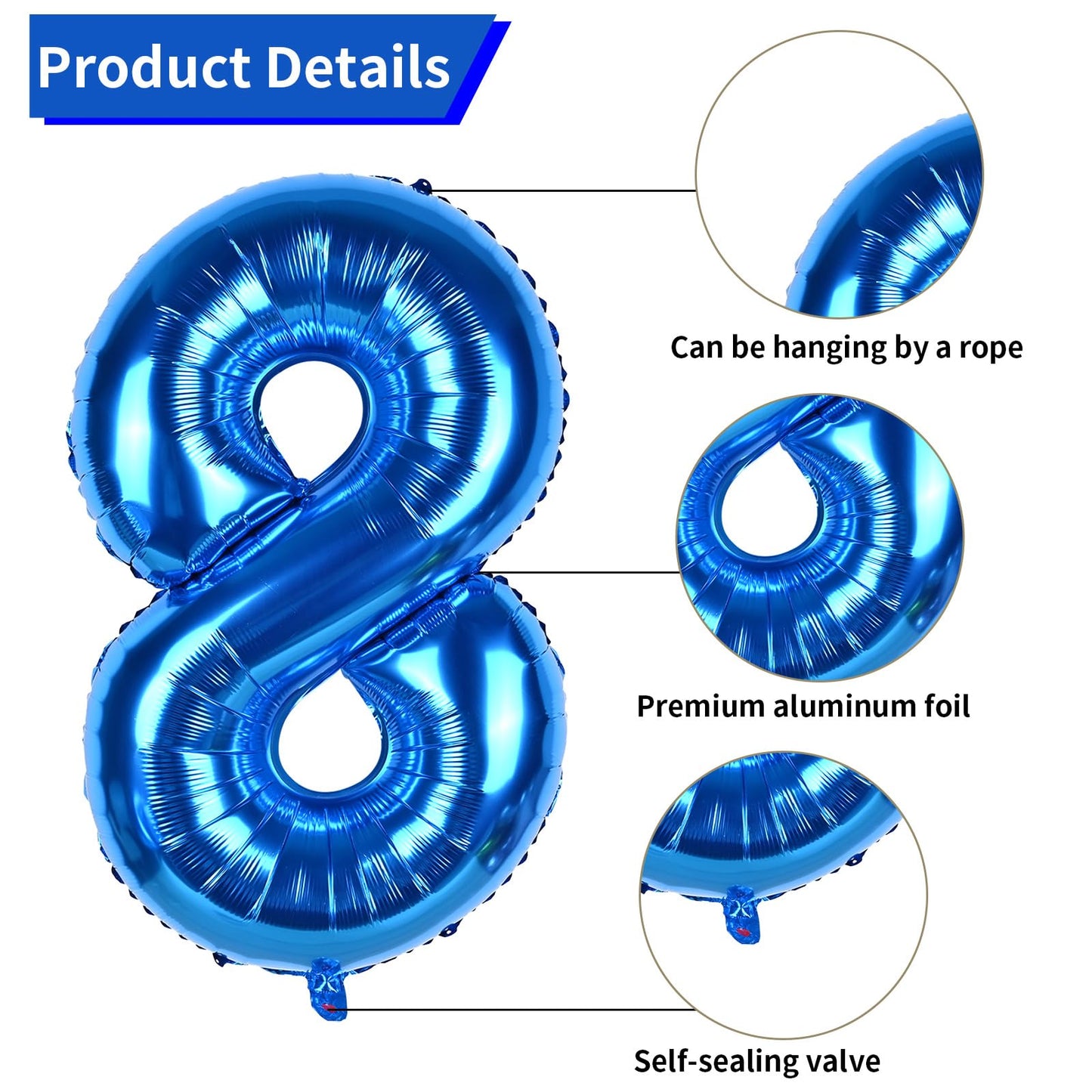 Biapian 40 Inch Blue Number 8 Balloons, Blue Large 8Th Birthday Balloons With 18'' Foil Blue Silver Heart Balloon Helium For 8Th
