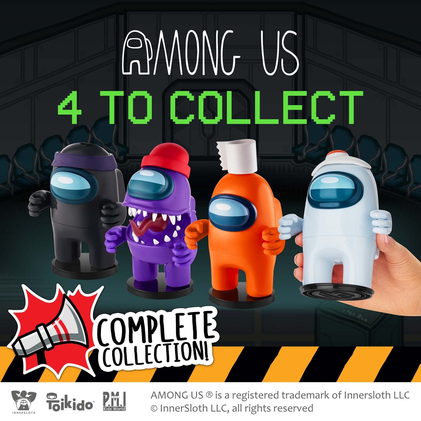 P.M.I. Among Us Crewmate Figure With Stamper | 4.5-Inch-Tall Among Us Toy + 3 Hidden Accessories| Among Us Party Favors And Playable Collectibles | Unique Impostor With Teeth And Tongue