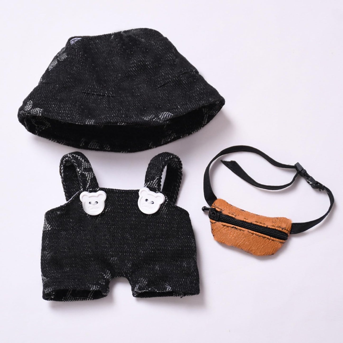 LYBHYQTII Doll Clothes Compatible with Labubu 17cm 3 Piece Denim Set Including a Black Rompers Brown Bag Hat - Cowboy Stylish Adorable enhanced Outfit Accessories - Ideal for Collectors
