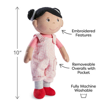 Haba Snug Up Doll Rumbi - 10'' Soft Doll With Black Hair And Pink Overalls - Machine Washable For 18 Months And Up