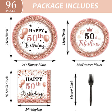50 And Fabulous Birthday Decorations For 24 Guests,Rose Gold 50Th Birthday Plates And Napkins Tableware Set Disposable Fifty Bir