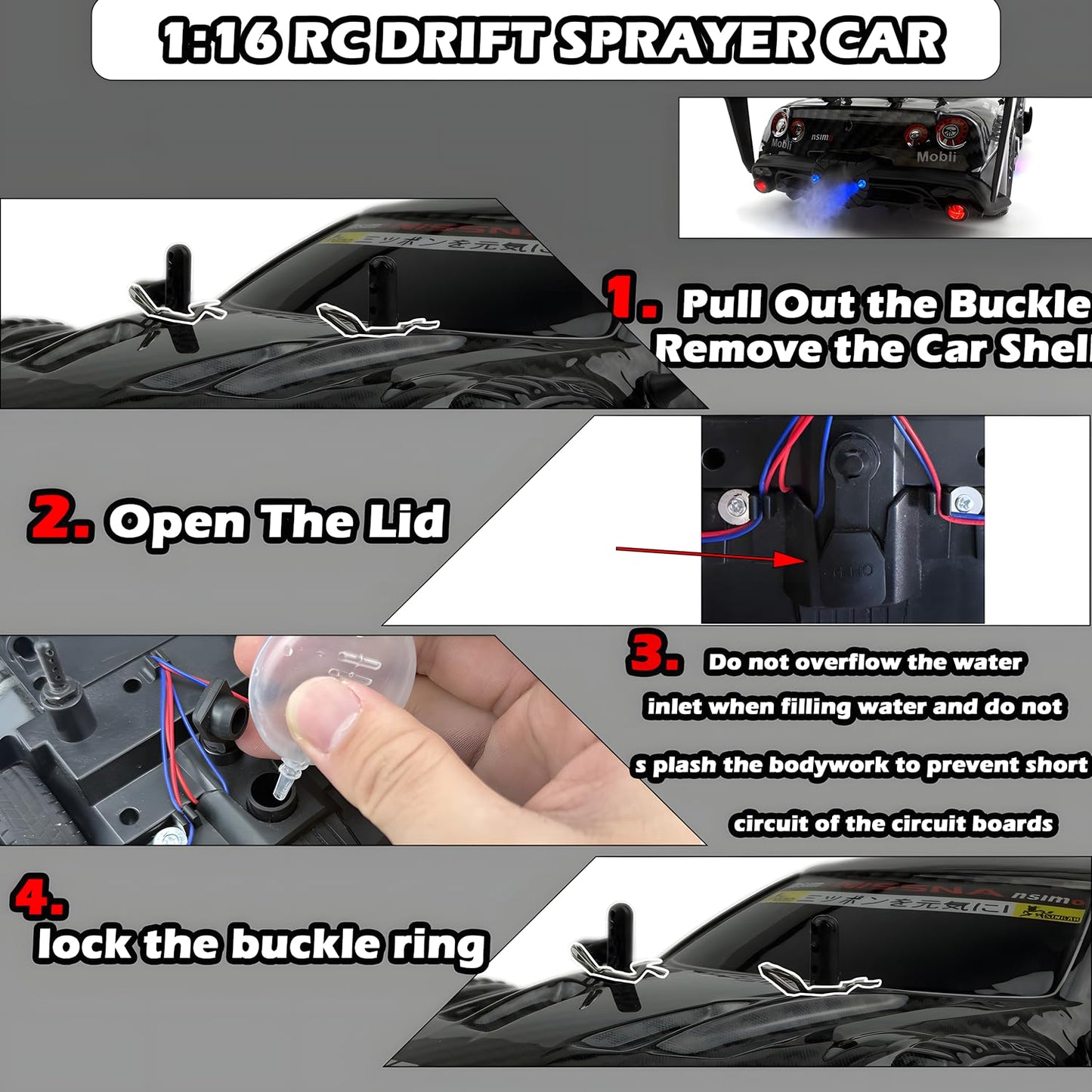 Hturccop 1:16 Rc Drift Car 2.4Ghz Spray 4Wd Led Lights 30+Km/H High Speed Remote Control Car 2 Batteries 60Min Infinitely Variab