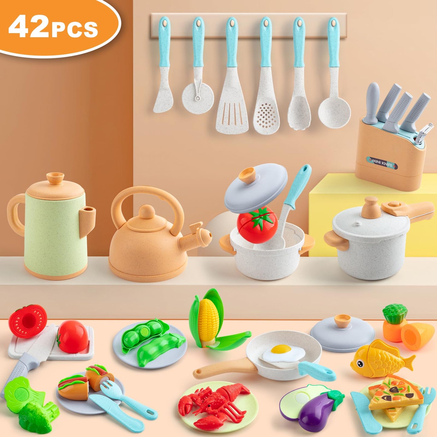 TIKJOYFUL 42Pcs Play Kitchen Accessories, Kids Kitchen Pretend Play Toys with Play Pots and Pans, Utensils Cookware Toys, Play F
