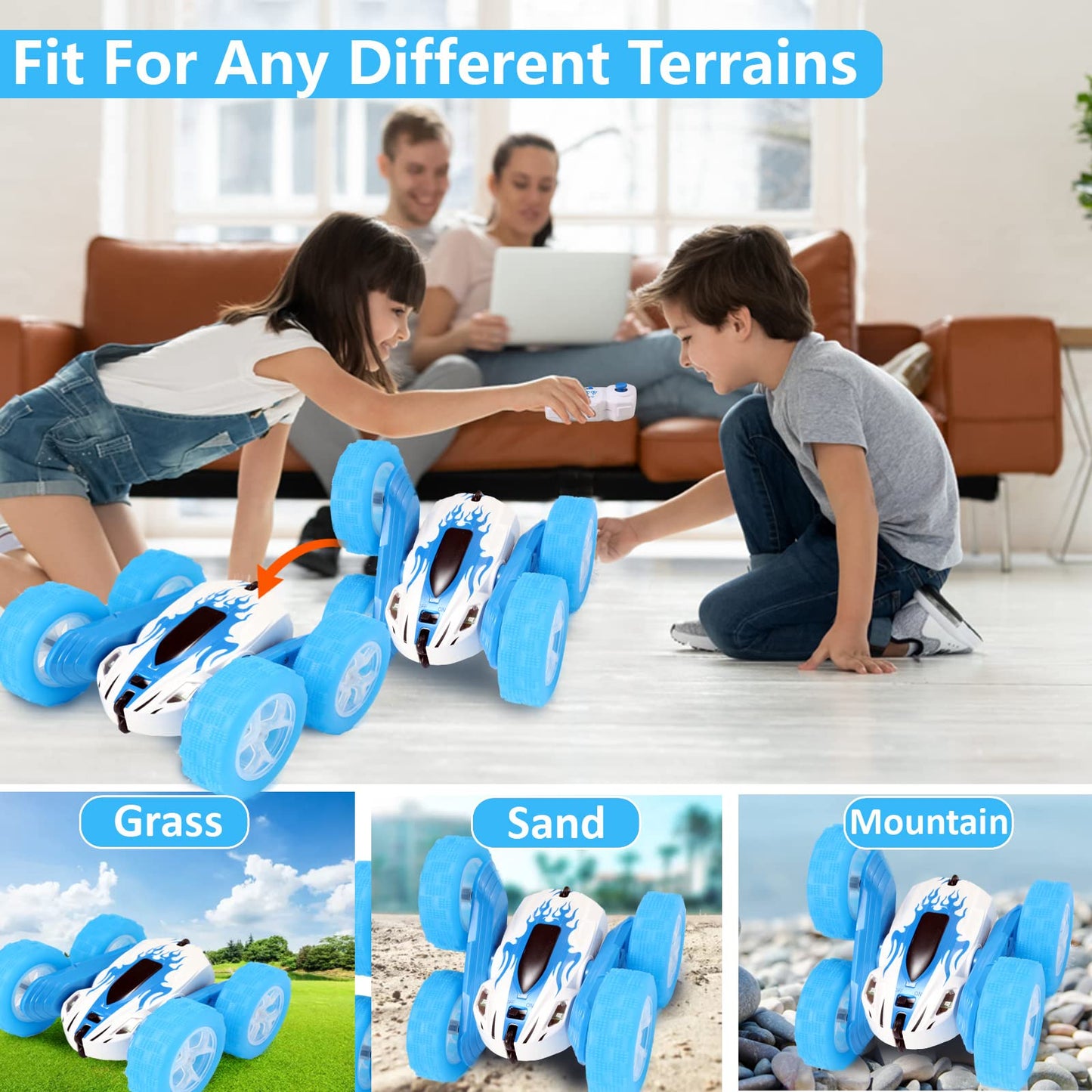 FREE TO FLY Remote Control Car For Boys: Kids RC Stunt Cars Toy with Headlights & WheelLights Double-Sided Driving 360Flip Rotat