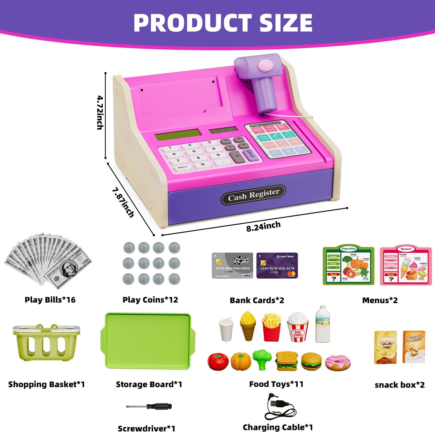 HYES Kids Cash Register Toys, Rechargeable Wooden Toddler Pretend Play Supermarket & Fast Food Restaurant, Cashier Toy with Play