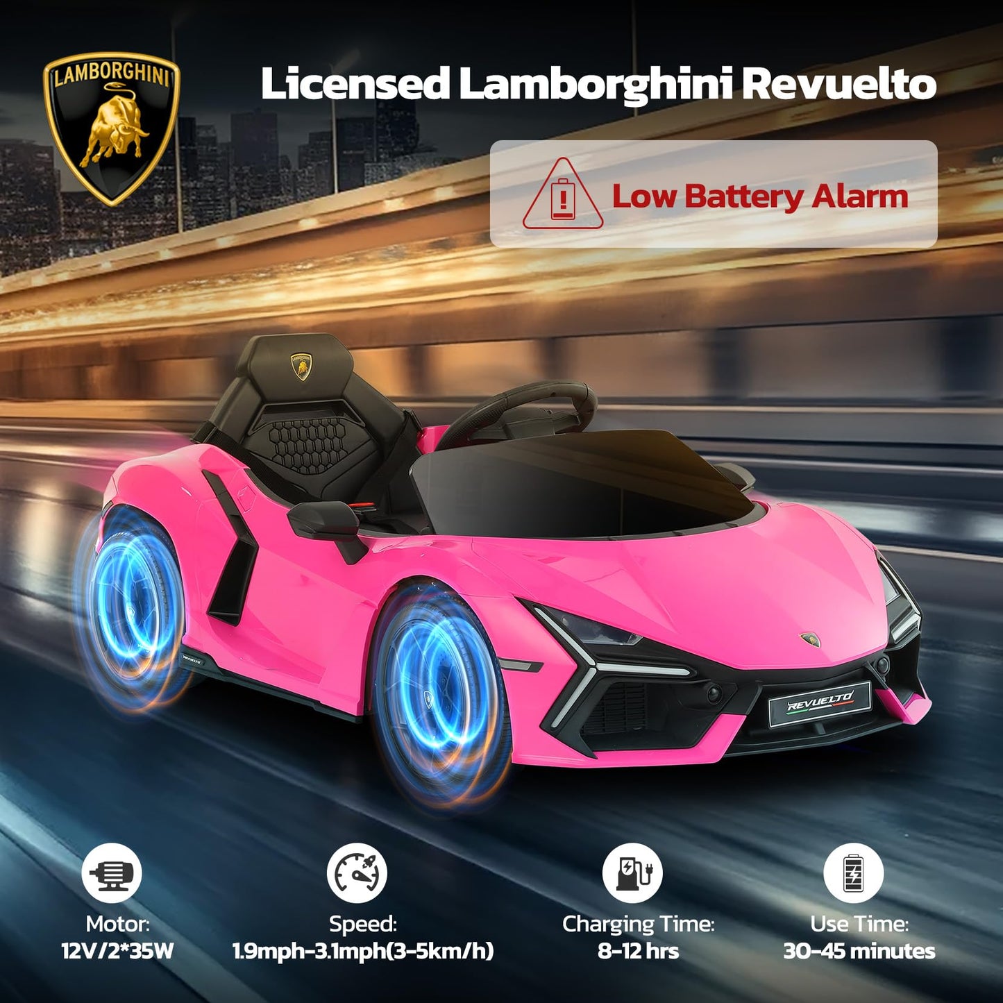 Elemara Licensed Lamborghini Ride On Car With Scissor Door,Electric Car For Kids With Remote Control,12V Kids Car With Bluetooth,Led Light,Mp3 Player And Wide Seat(Pink)