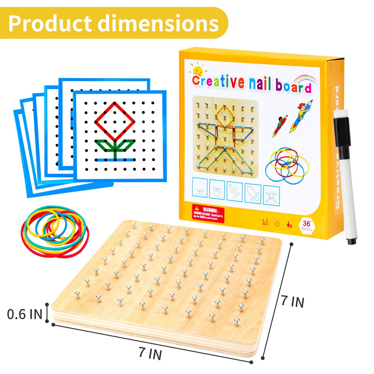 Heelwire Wooden Geoboard,Montessori Toy,Graphical Mathematical Education Toy For Kids With Pattern Cards And Rubber Bands To Fig