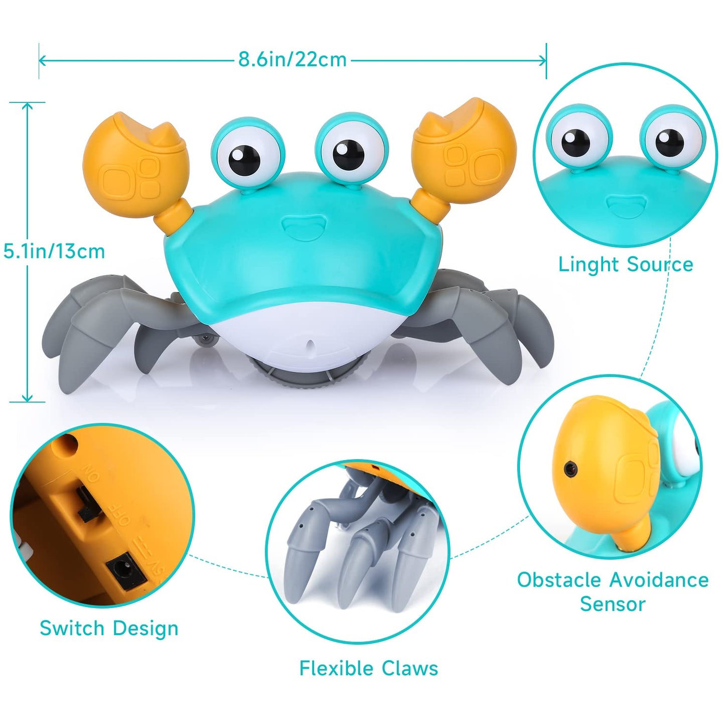 Pintreeland Crawling Crab Baby Toys With Music & Light, Tummy Time Interactive Toddler Toy Automatically Avoid Obstacles For Boys Or Girls (Orange)