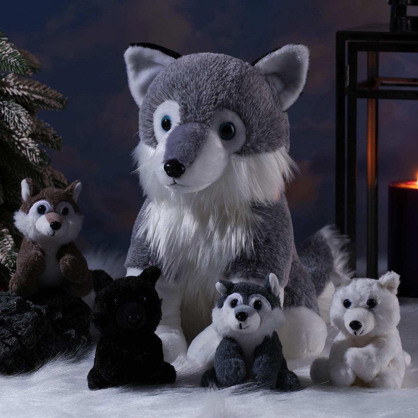 Honoson 5 Pcs Wolf Plush Set 14 Inch Mommy Wolf Stuffed Animal With 4 Cute Baby Wolves In Her Zippered Tummy Soft Wolf Plushie F