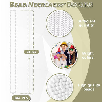 144PCS Bead Necklace, White Beaded Necklace Party Favors Bulk, 33'' Mardi Gras Beads Necklaces Accessories, Festival Parade Thro