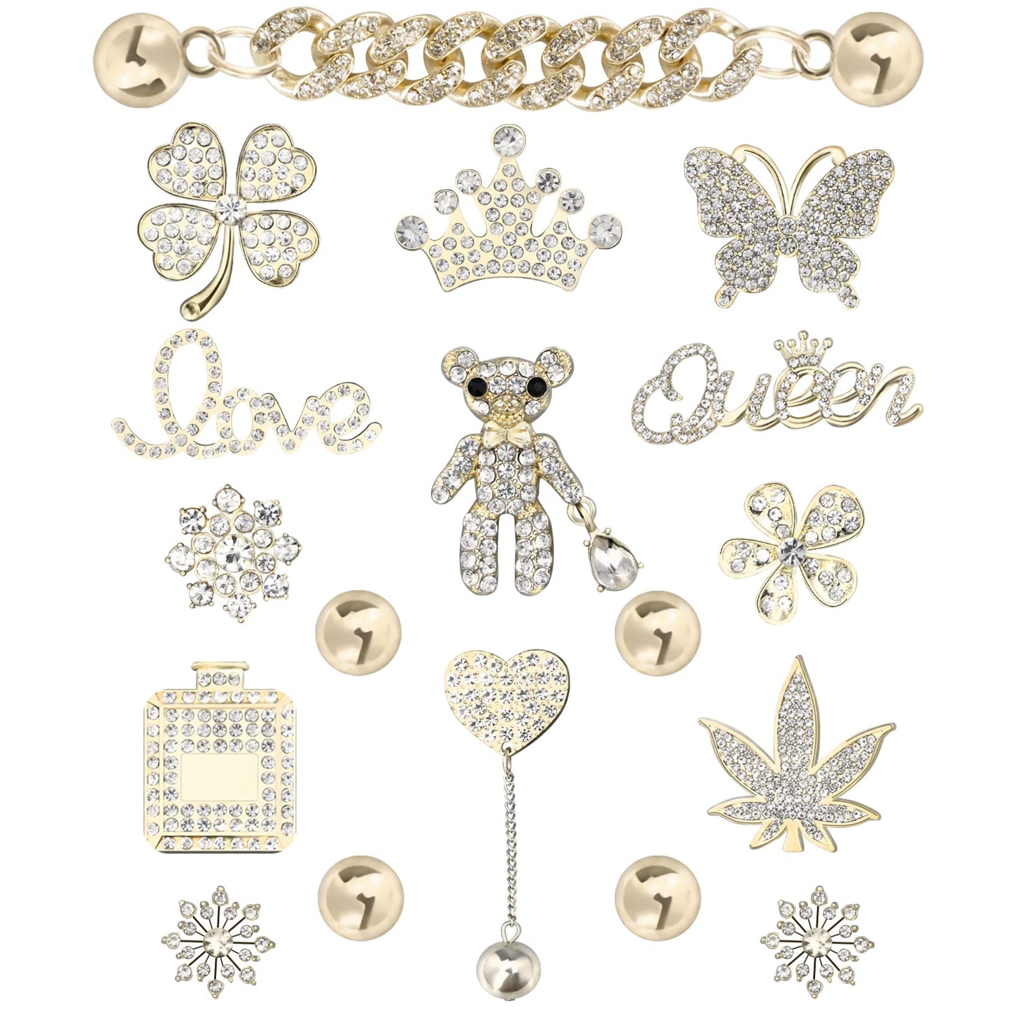 Rhinestone Bling Decoration Charms, Diamond Trend Designer Luxury Cute Jewelry Shoe Accessories For Women Girl Gifts(Gold)