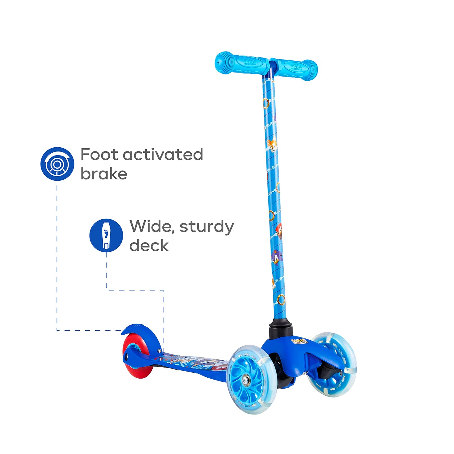Sakar Sonic The Hedgehog Light Up Self Balancing Scooter For Kids - 3 Wheeled Scooter With Extra Wide Anti-Slip Deck, Rear Brake, Lean To Steer, Lightweight Design, For Boys/Girls 3 & Up, 75 Lb Limit