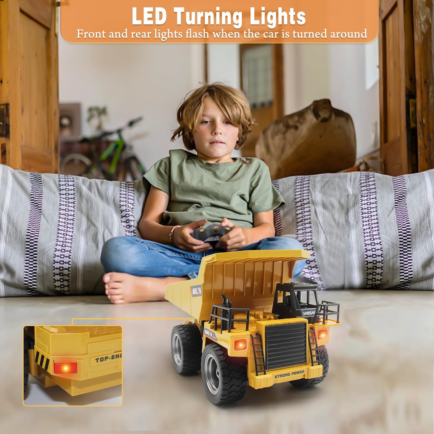 fisca Remote Control Dump Truck 2.4Ghz RC Truck 9 Channel 4WD Mine Construction Vehicle Toy with LED Light and Metal Cab for Kid