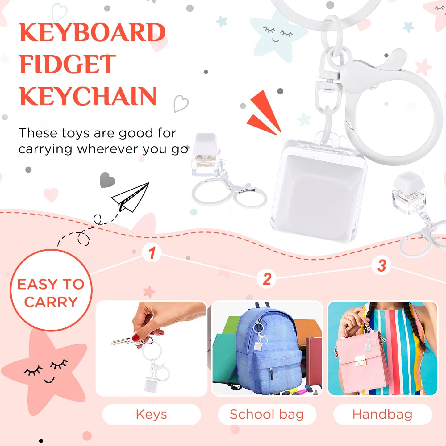 Shappy 6 Pcs Keyboard Fidget Toys Fidget Keychain Fidget Keyboard Clicker Keychain Gift Keychain Button Stress Relief Gifts for mature-themed Office Home School ADHD Toy Cool Fidgets(White)