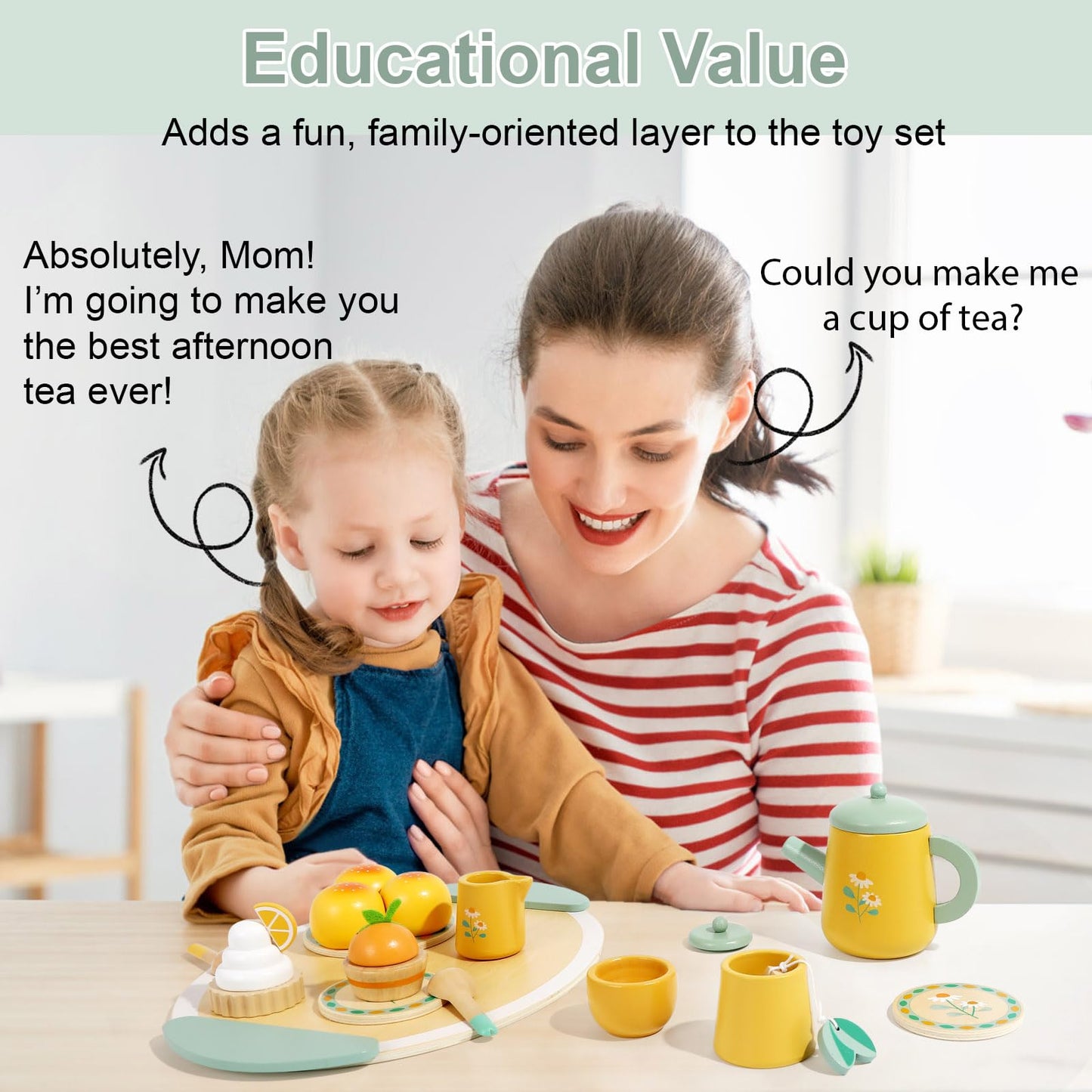 Wooden Tea Set For Toddlers Pretend Play Kitchen Accessories Little Girl Toys Tea Party Set For 3 4 5 6 Year Olds Enjoy Tea Time