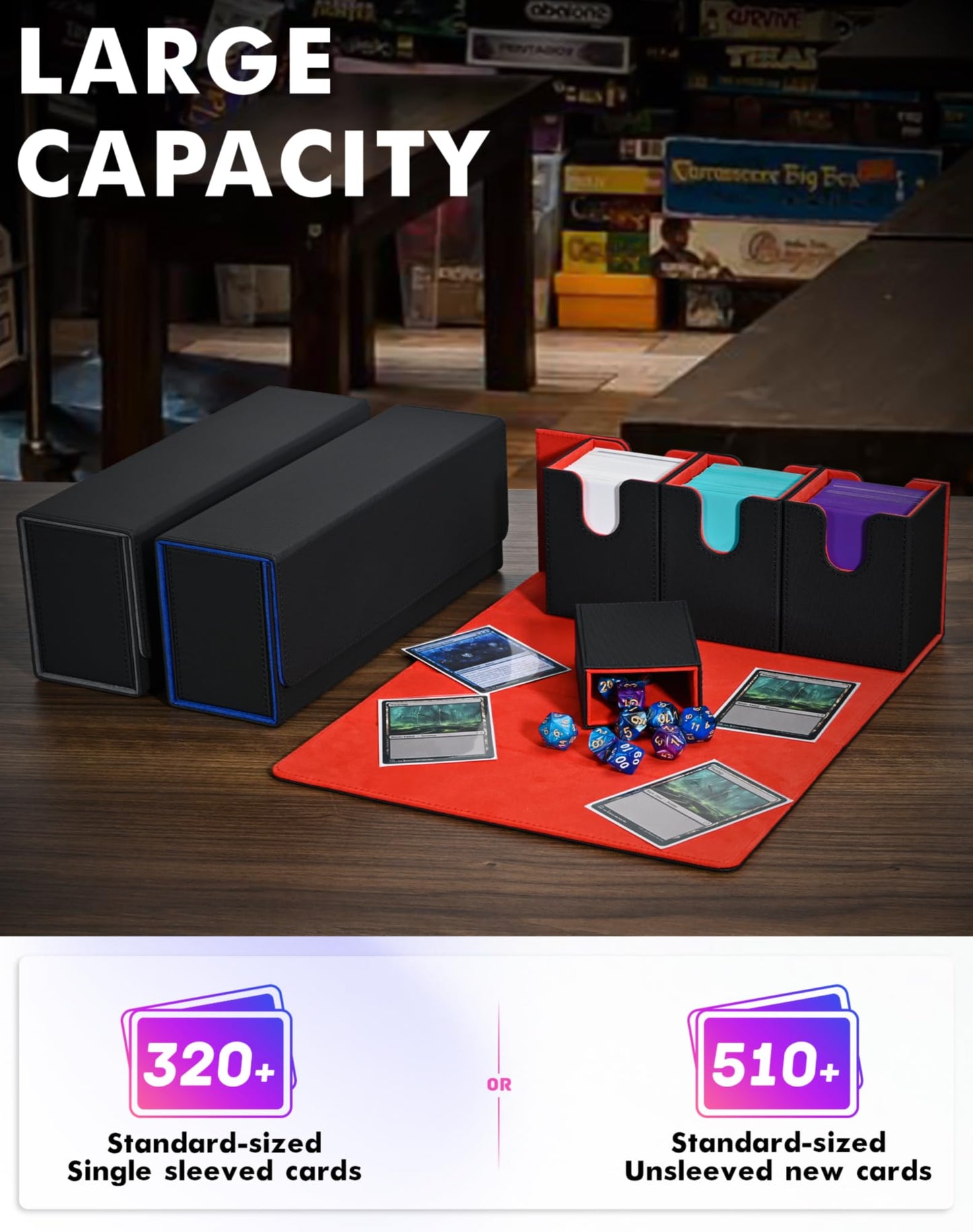 Uaono Card Storage Box With Dice Tray For Mtg Yugioh, 4 In 1 Card Deck Case Holds 510+ Unsleeved Cards, Strong Magnet Card Organ