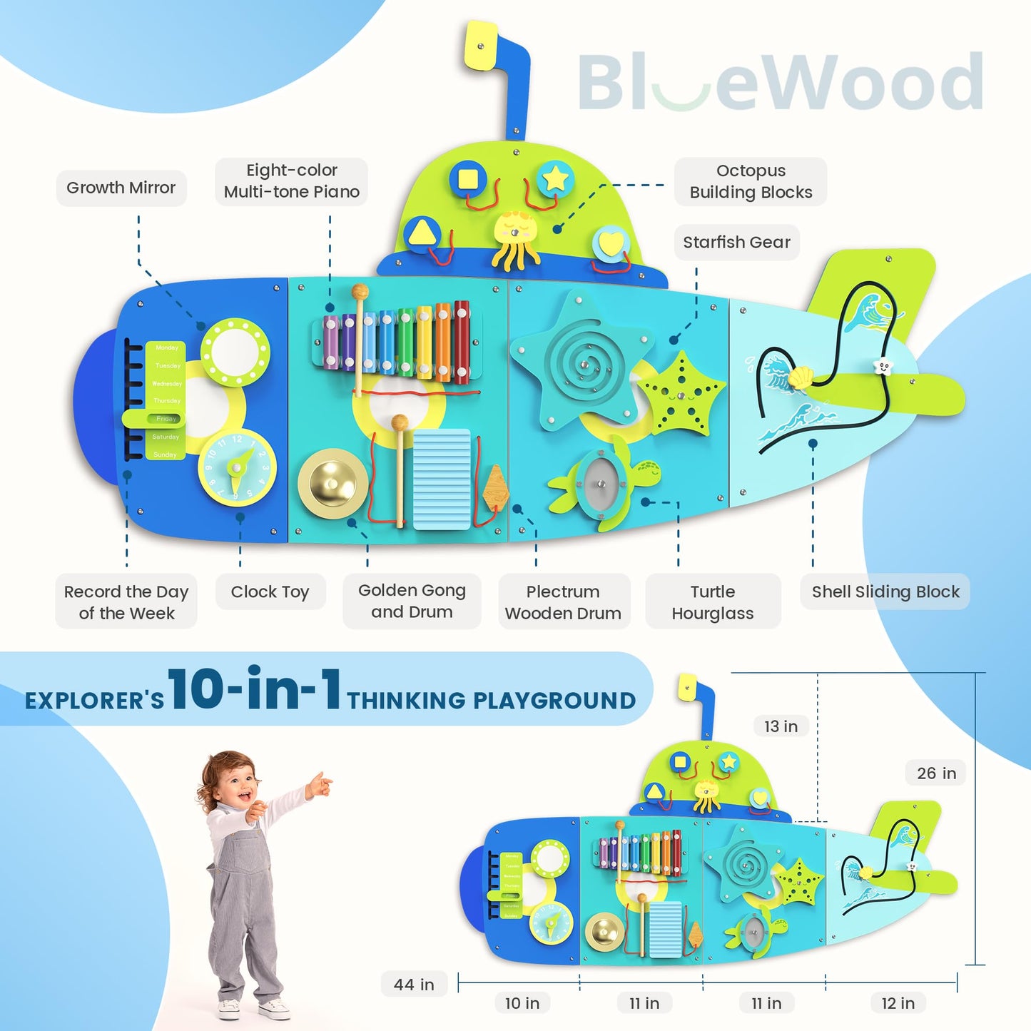 Bluewood Submarine Wall Busy Board Panels, Toddler Learning Activity Center, Montessori Philosophy Sensory, Educational Toys, Co