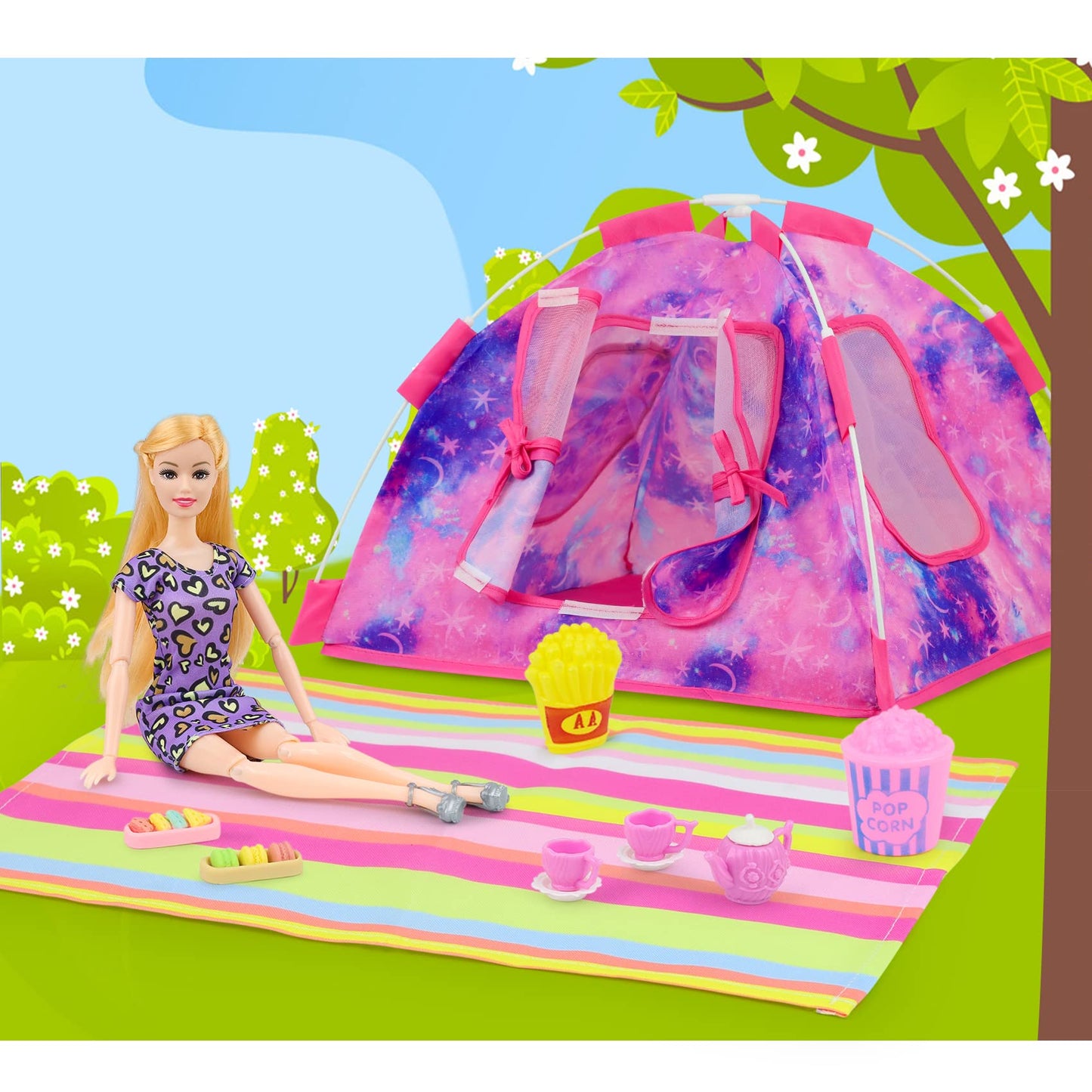 K.T. Fancy 18 PCS Girl Doll Travel Camping Tent Set and Accessories for 11.5 Inch Girl Doll Includes Doll Tent Clothes Backpack Toy Dog Placemat Toy Phone Glasses (Doll NOT Included)