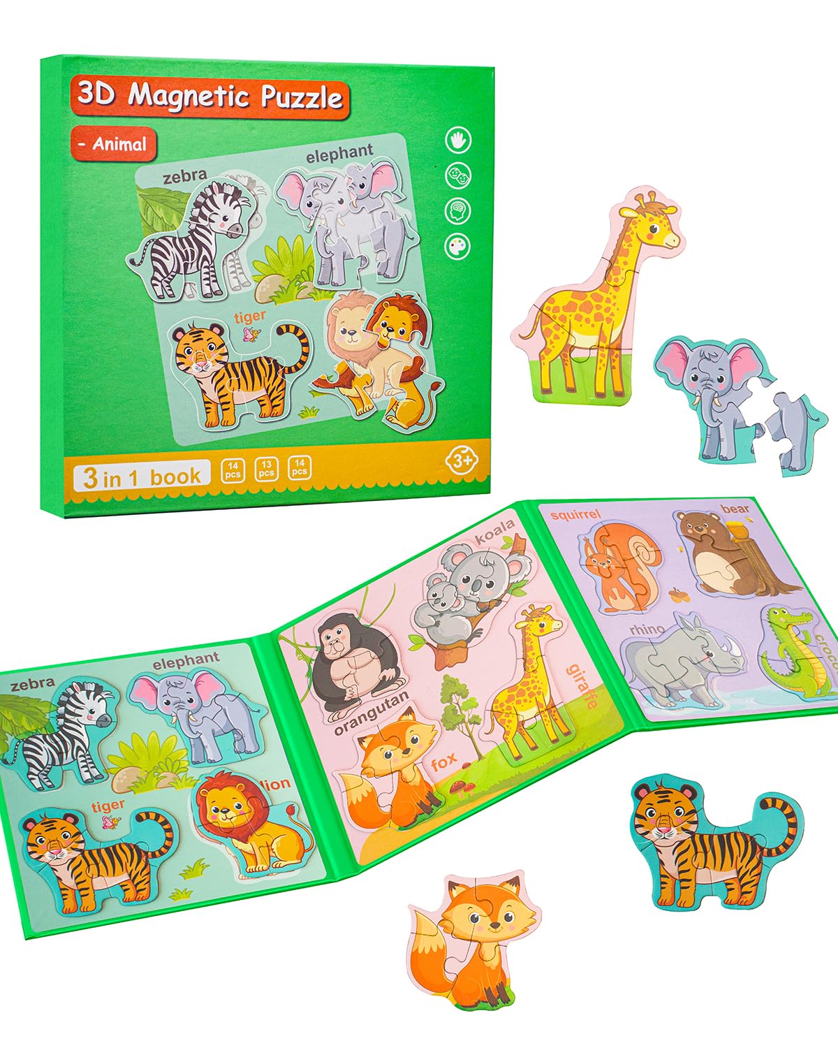 Magnetic Puzzles For Toddlers 1-3, Travel Puzzles For Kids Ages 3-5, Animal Activities Toy Wooden Jigsaw Puzzles Book For Boys &