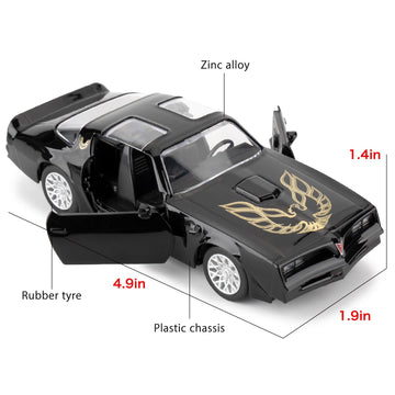 RMZ City 1:36 Pontiac Firebird Trans Am Diecast Pull Back Toy Car, Black, 4.8×1.9×1.5 inches, Doors Open, Gift for Kids
