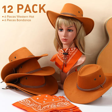 Zhanmai 12 Pcs Cowboy Hat and Bandana Cowboy Cowgirl Hats Bulk Western Party Costume Halloween Accessory(Polyester,Beef Yellow)