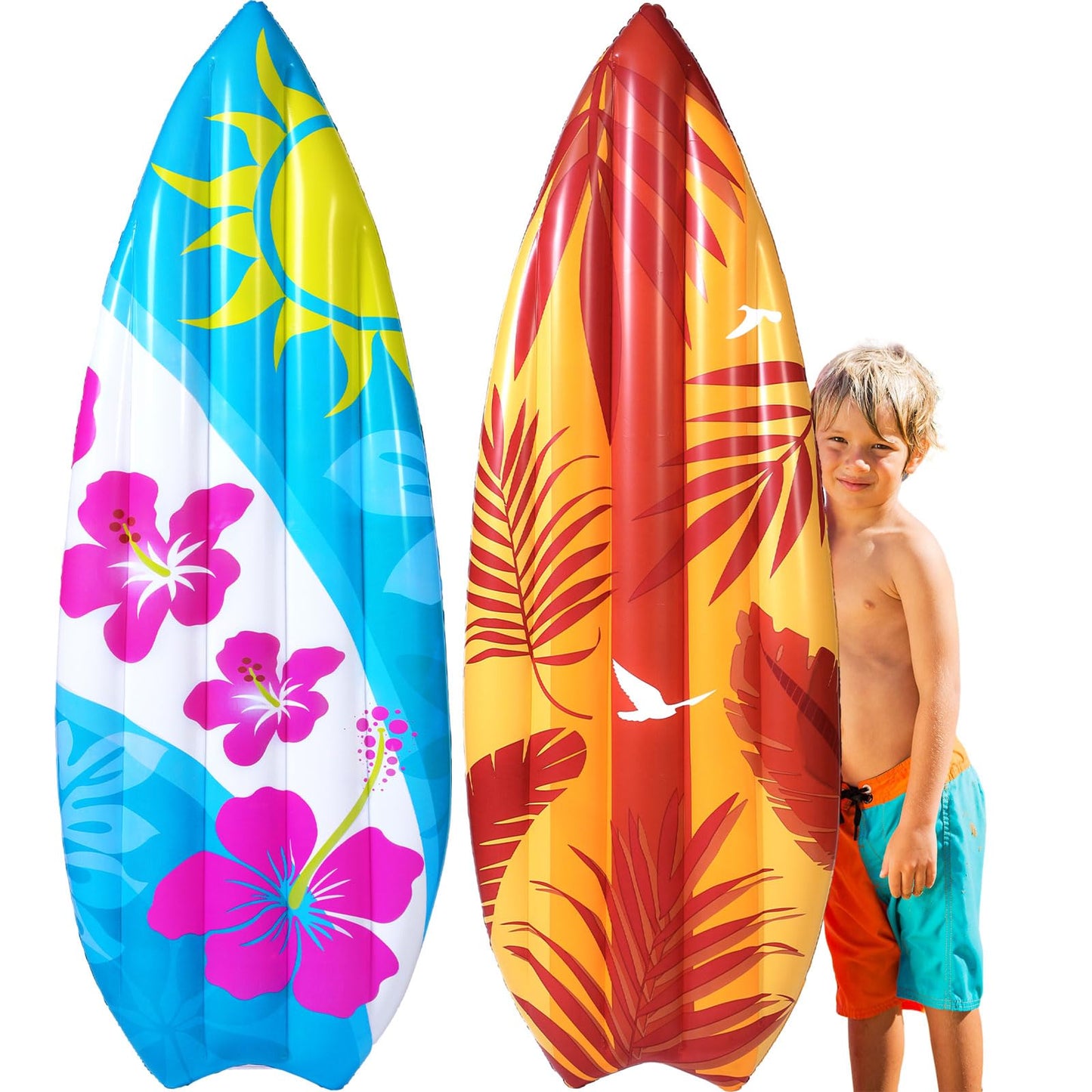 Foilswirl 2 Pcs 60'' Luau Inflatable Surfboard Hawaiian Theme Beach Pool Float Summer Tropical Blow up Pool Board Blue and Orang