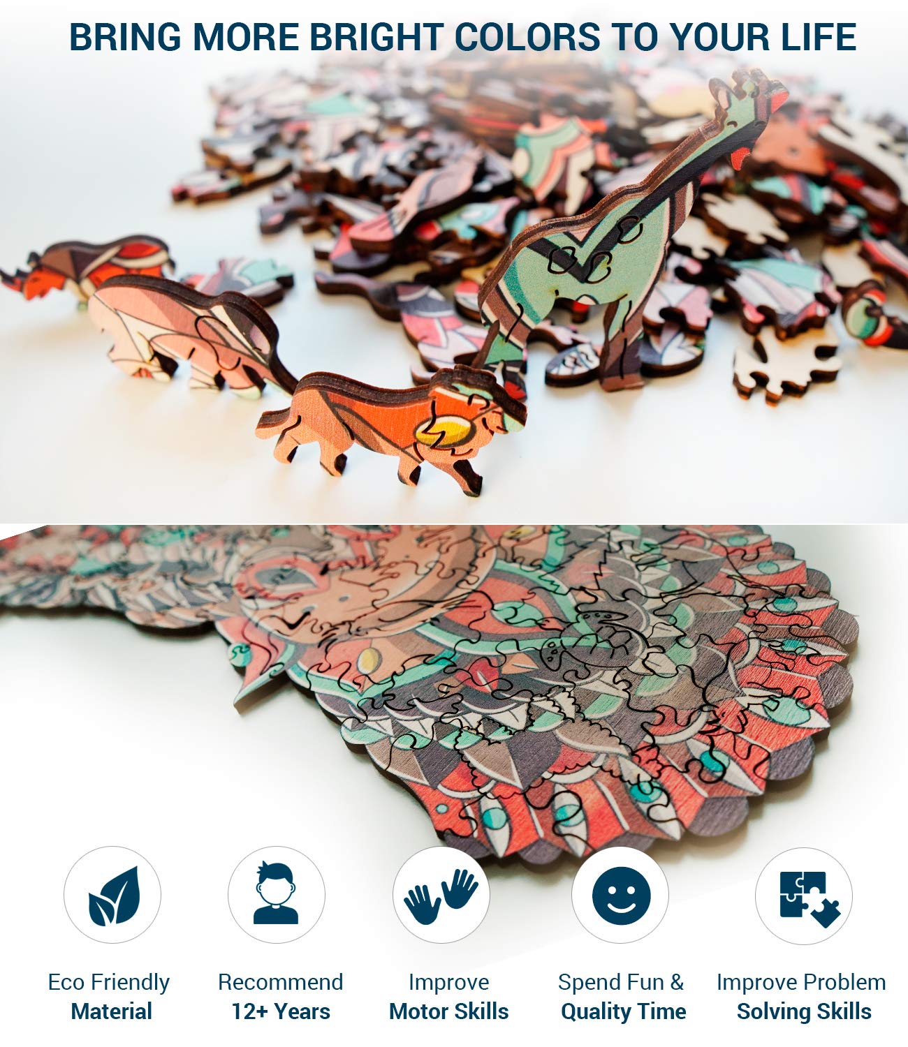 Hodslen Woods - Animal Wooden Jigsaw Puzzles for Kids (12+ Years) mature-themed Teens Family; Animal Majestic Shaped Natural Wood Puzzle Expert Level 9x15.3 in. (23x39 cm) 130 pcs L - Size - Giraffe