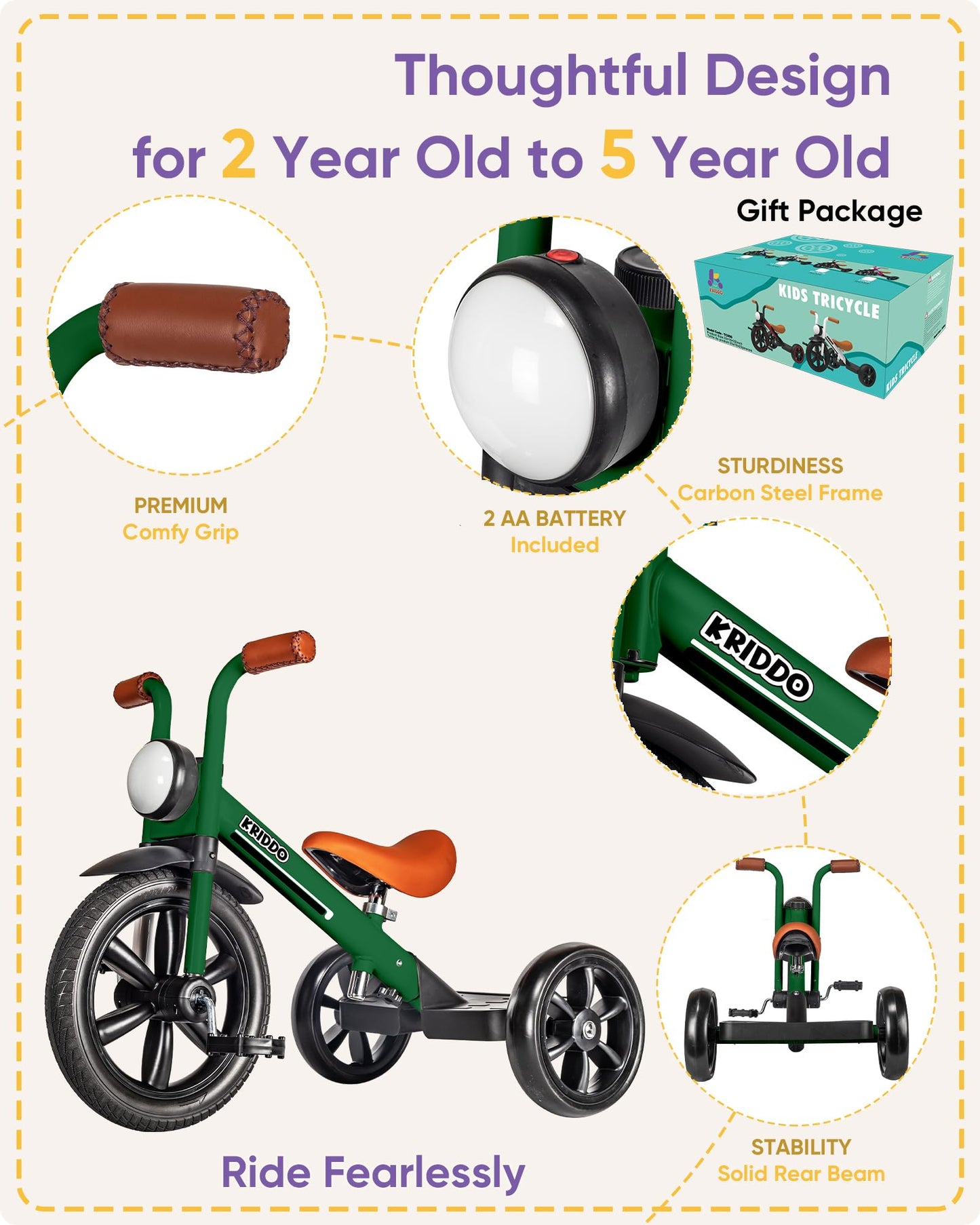 KRIDDO Kids Tricycles Age 2 Years to 5 Years, 12 Inch Puncture Free Rubber Wheel w Front Light, Adjustable Seat Height, Gift Tod