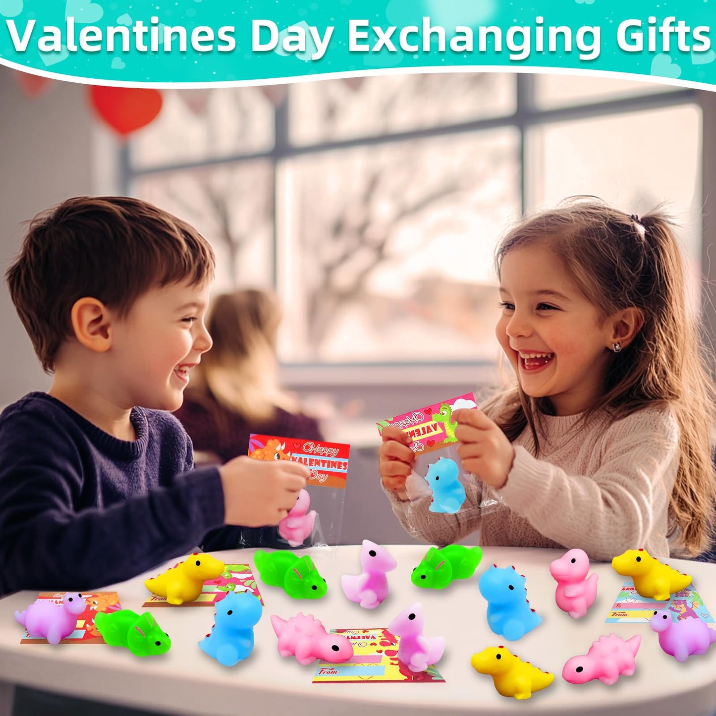 28 Pack Valentines Animals Mochi Squishies with Valentines Cards Classroom Valentine's Day Gifts for Kids Boys Prefilled Kawaii