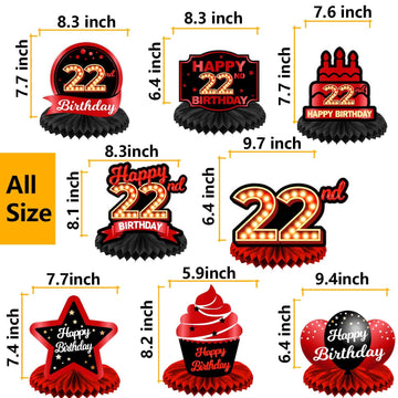 Happy 22Nd Birthday Red And Black Table Honeycomb Centerpieces Balloons Theme Decor Table Decorations Table Toppers For Girls Women Princess 22 Years Old Birthday Party Bday Supplies Background Gold